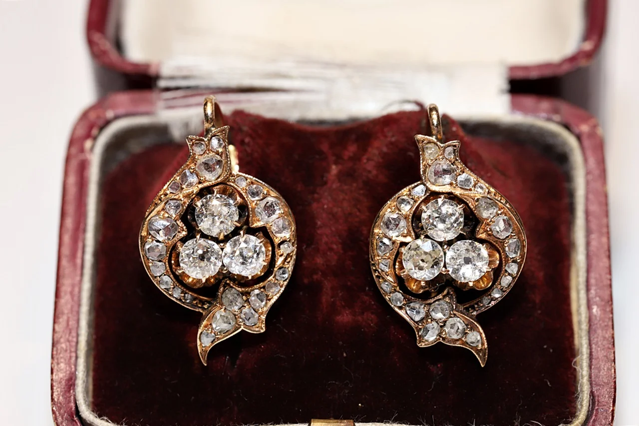 

Antique Original Victorian 14k Gold Natural Diamond And Rose Cut Diamond Decorated Pretty Earring