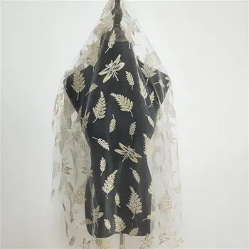 

2020 Latest ! Off White Tulle Lace Fabric With Gold Leaf And Dragonfly Embroidery, Embroidered Mesh Lace Fabric, Bridal Lace Fab