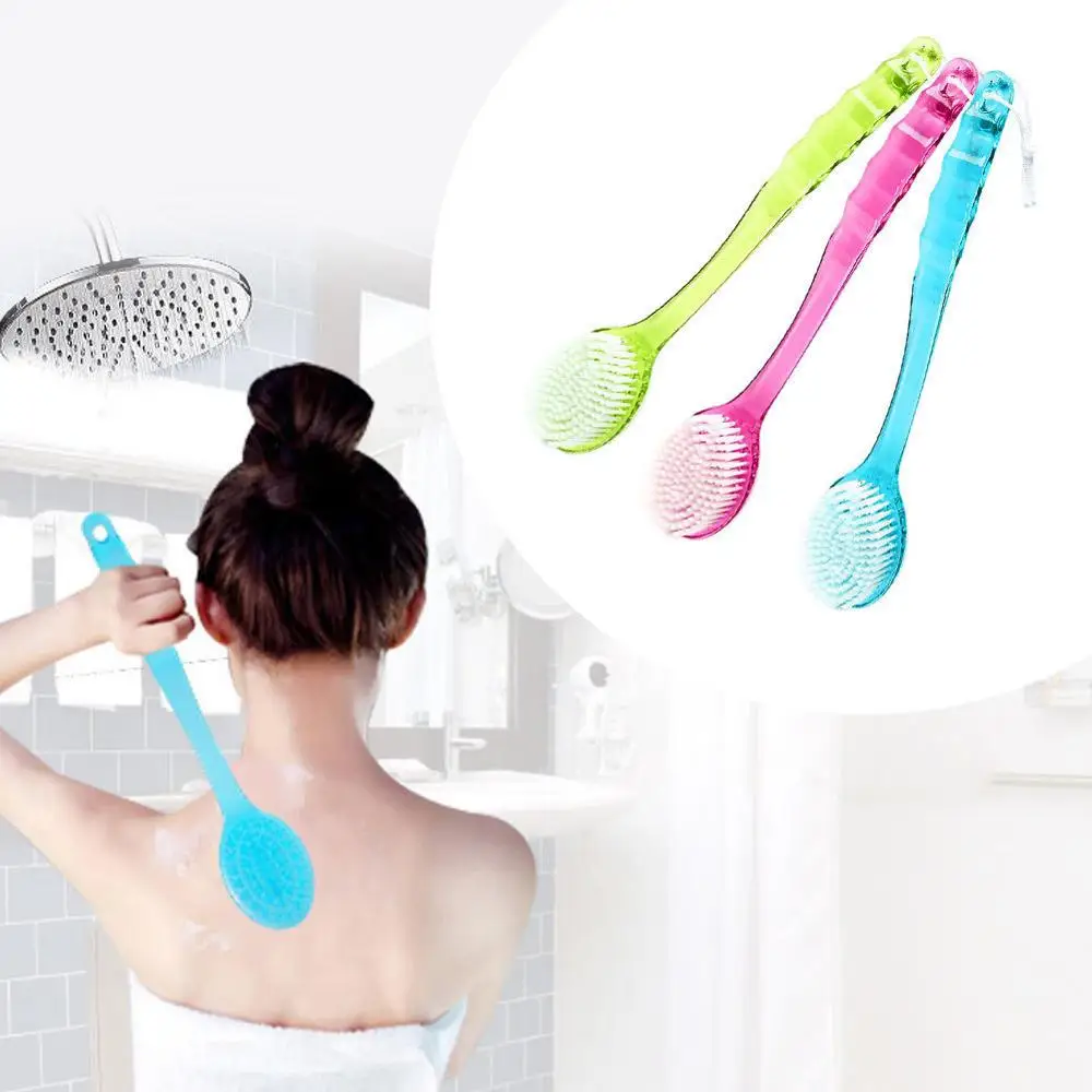 

High quality Long Handled Plastic bathroom Body Bath Shower Back Brush Scrubber Skin Cleaning Massager Tail lanyard easy hanging