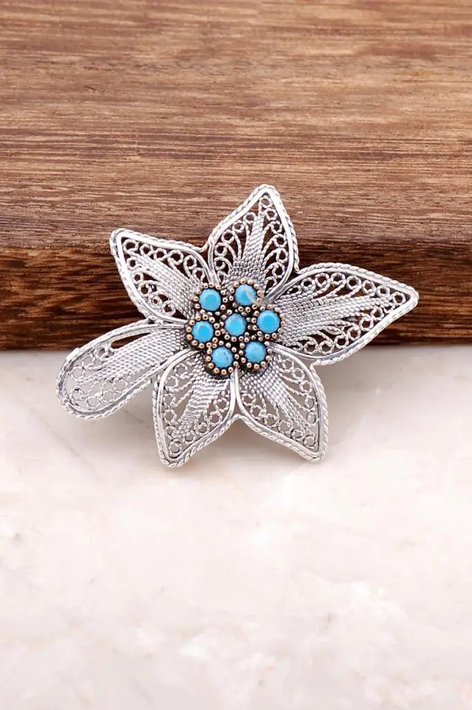 

Filigree Embroidered Silver Brooch with Turquoise Stone 270Hand Made Jewellery