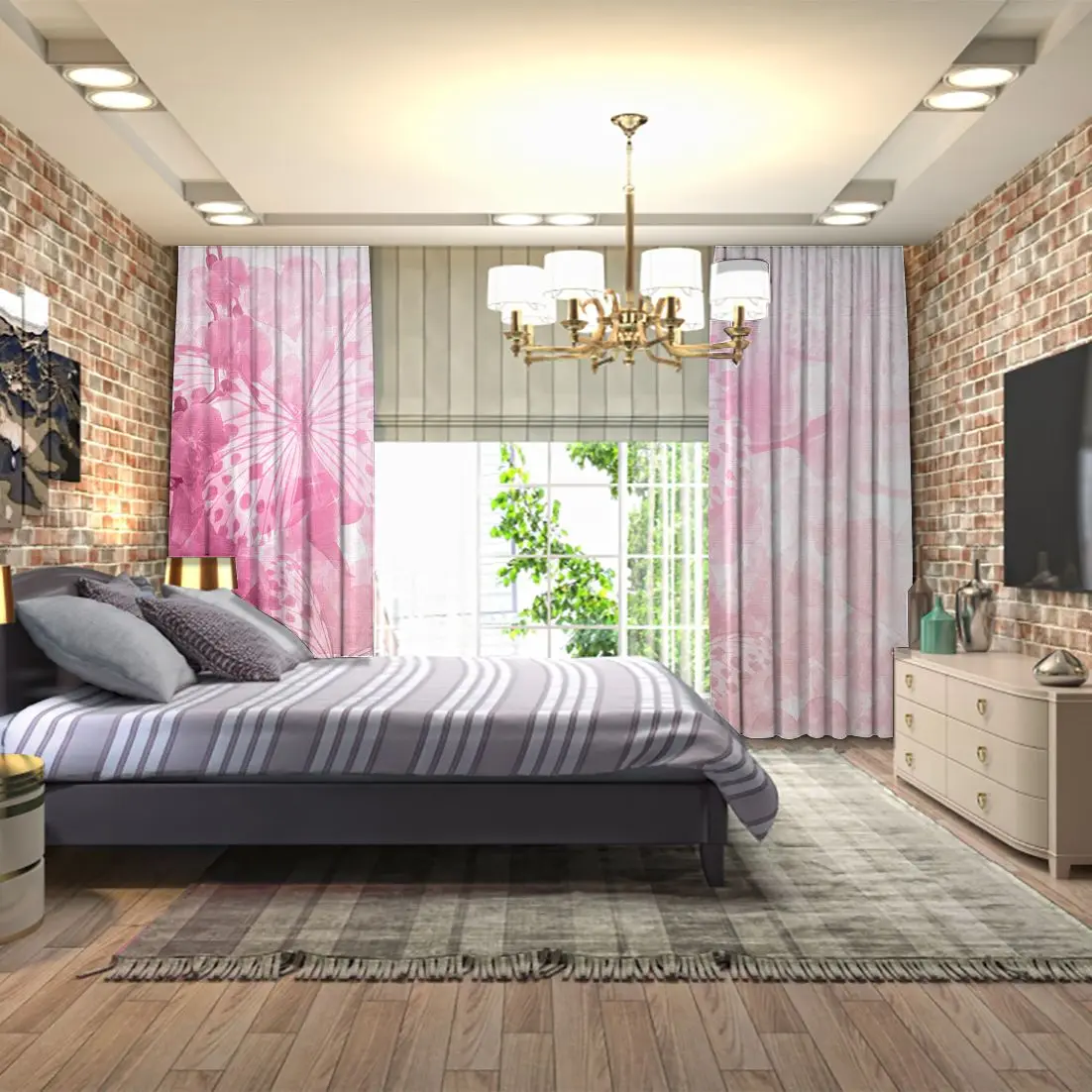 Butterflies and Orchids Flowers Summer Bloom Garden Artistic Floral Photo Pink White Curtain