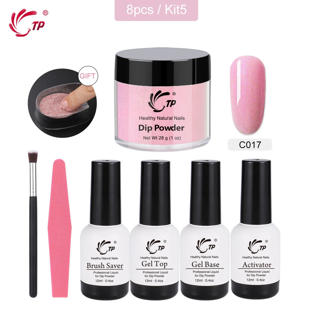 

TP 8Pcs/set 28g Nail Pearlescent Dipping Powder + 4 bottle 12ml Activator Top Base Gel + French Dust Tray Brush File Stater Kit