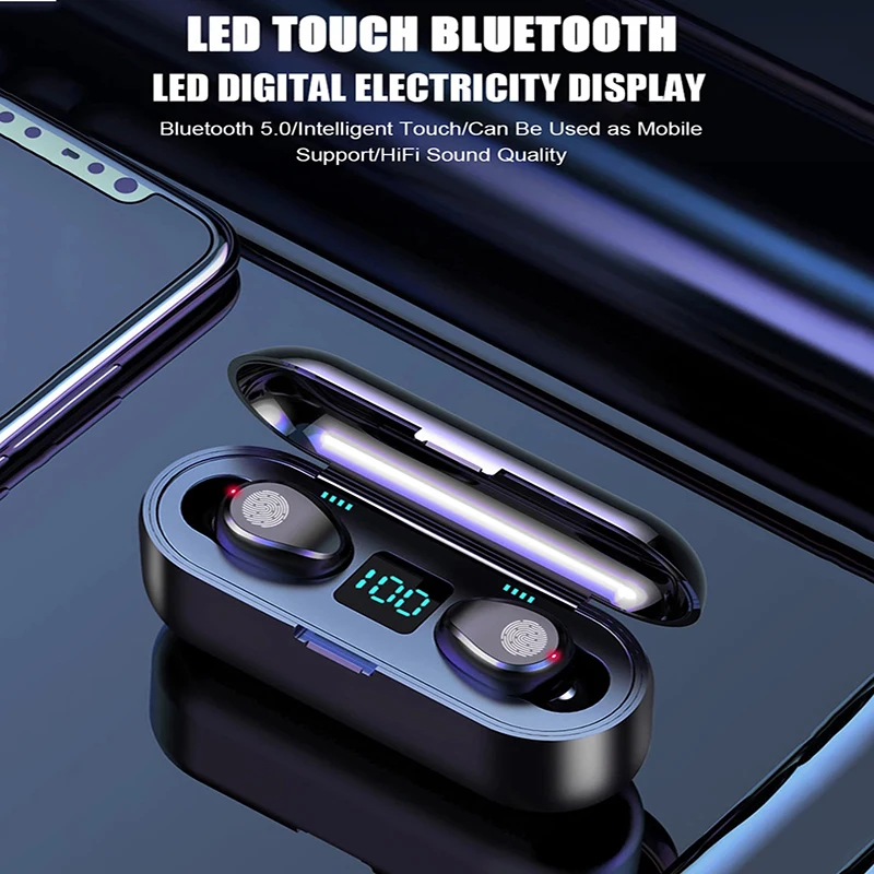 50 шт. F9 TWS Bluetooth наушники 5,0 Беспроводная мини-гарнитура дисплей питания наушники с зарядным устройством
