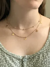 Colgantes de acero inoxidable multicapa para mujer, collares de Gargantilla de cadena doble de media luna, cuerno de estrella, cuentas de colores dorados y plateados