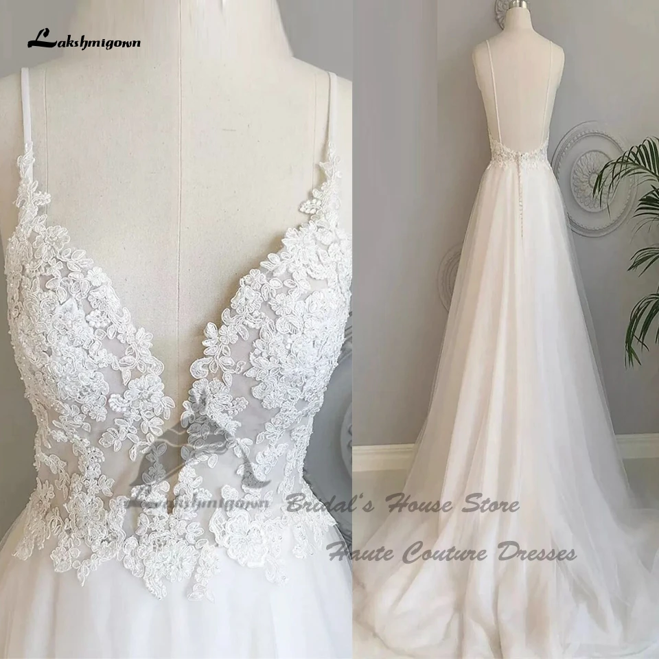 Princess Beach Wedding Dresses for Bride Spaghetti Strap 2022 Robe Mariee Chic Lace Applique V neck Boho Wedding Dress Open Back simple wedding dresses