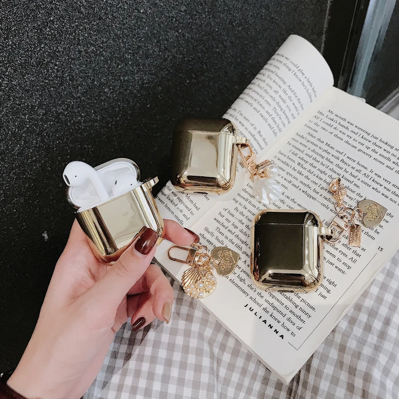 Luxury cute plating metal color five-pointed star pearl silicone Bluetooth Wireless Earphone Case For Apple AirPods 1 2 Headset