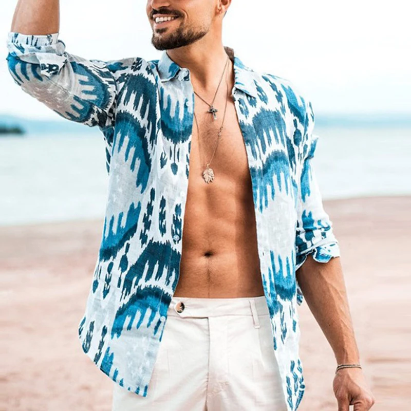 Гавайские мужские модные повседневные рубашки с принтом Бизнес Офис Slim Fit пляжные мужские пуговицы с отворотом шеи с длинными рукавами одежда