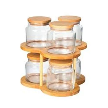 

Wooden Beech Wood Nostalgic Set of 6 Glass Jar Spices
