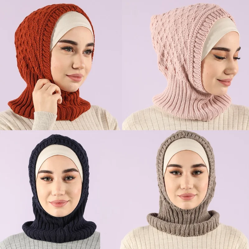 

2021season MuslimWomen Winter Autumn Warm Knit Neck Head Hijab Turban Scarf Shawl Knot Fashion Knitted Hat Solid Color CrossHead