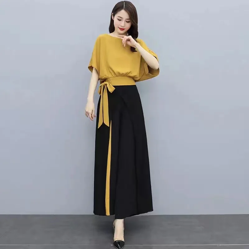 

2023 Summer New Chiffon Wide Leg Pants Set women's Hanging Feeling Fashion Slim Two-piece Set Splicing Women's Wear
