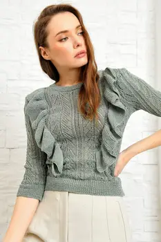 

Trend Alacati Style Women 'S Water Green Front Frilled Cellular Seasonal Knitwear Bluz ALC-X3710