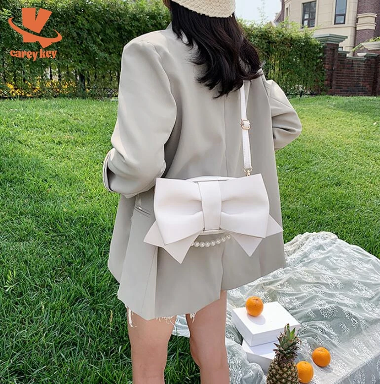 

CAREY KEY Big Bow Pearl Tote Bag 2021 Fashion New PU Leather Women Designer Handbag Elegant Female Shoulder Crossbody Bags