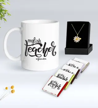 

Personalized English Teacher White Mug Chocolate and Is Daisy Necklace Gift Seti-15