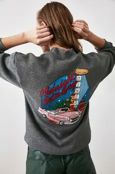

Trendyol Backpack Printed Sheer Neckline Knitted Sweatshirt TWOAW21SW0006