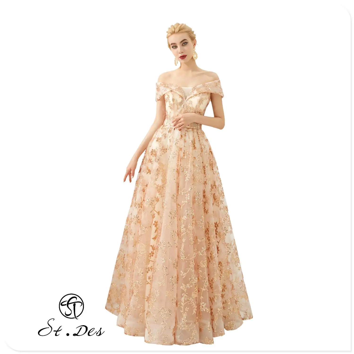 

NEW 2020 St.Des A-line V-neck Pink Russian Champagne Sequins Beading Sleeveless Designer Floor Length Evening Dress Party Dress