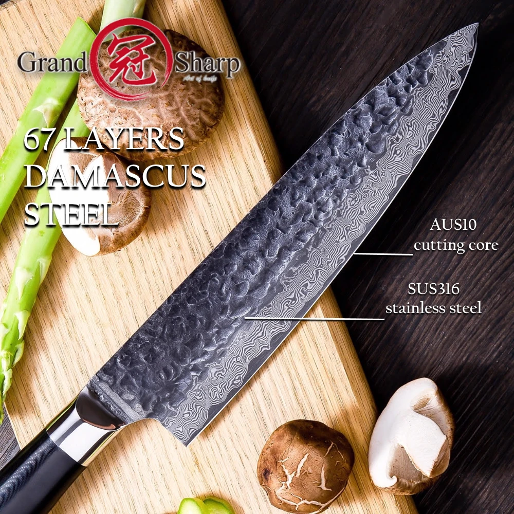 GRANDSHARP 8 дюймов дамасский поварской нож 67 слоев AUS10 японский Дамасская сталь черный Молоток отделка Профессиональные кухонные ножи