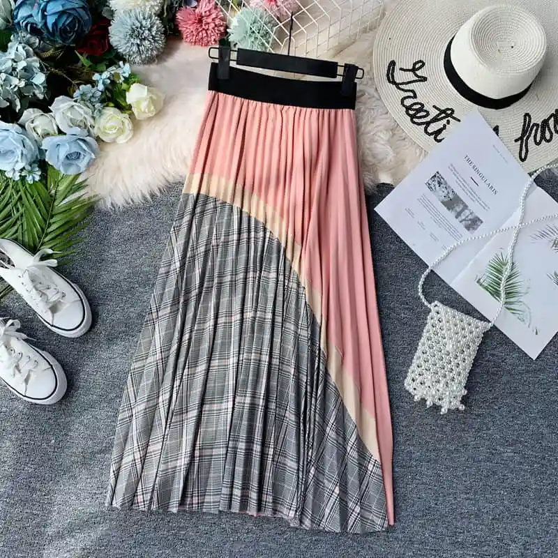 autumn Plaid High Waist Vintage Long Skirt Autumn Winter Bottoms Long Skirts A-line Patchwork Panelled Pleated Skirts - Цвет: Розовый