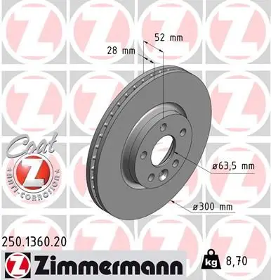 Диск торм VOLVO S60/S80/XC70 06/FORD S ZIMMERMANN 250.1360.20