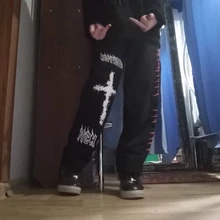 QWEEK-pantalones de pierna ancha estilo Punk Hippie para mujer, ropa de calle Harajuku gótico, estilo de calle de Anime, estampado gótico negro, Hip Hop