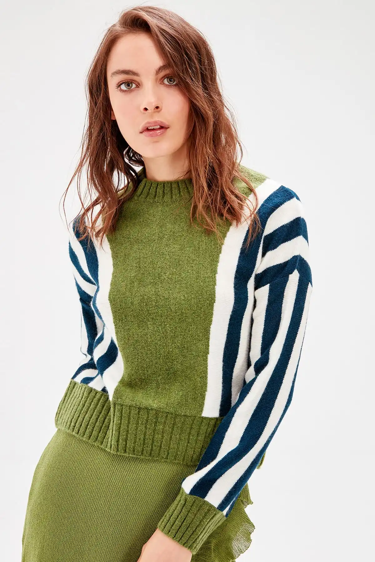 Trendyol Green Striped Sweater Knitwear Autumn Women Pullovers TWOAW20NK0017 | Женская одежда