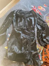 Short Dress Bow-Puff V-Neck Long-Sleeve Drawstring Ruffled Sexy Hollow-Out Mini Women