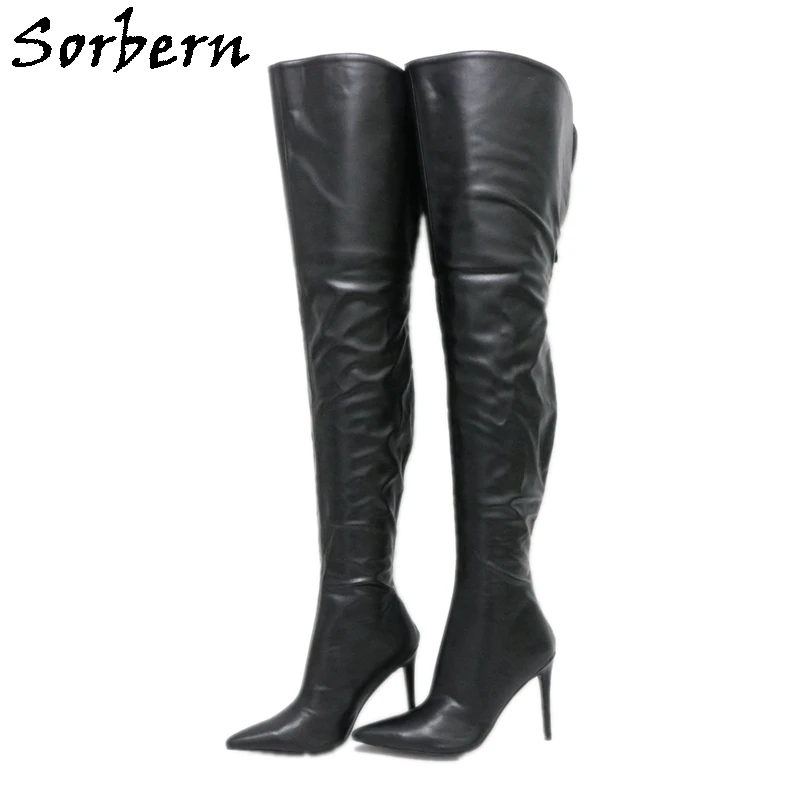 

Sorbern Black Matt Boots Women Stilettos High Heel Pointed Toe Open Thigh Open Back Custom Wide Fit Thigh Mid Shaft Fetish Shoes