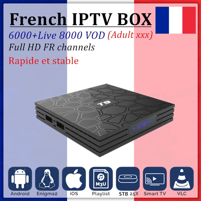 

French IPTV BOX T9 smart tv box android 9.0+1 Year iptv subscription France Spain Portugal Arabic IPTV Europe m3u android tv box