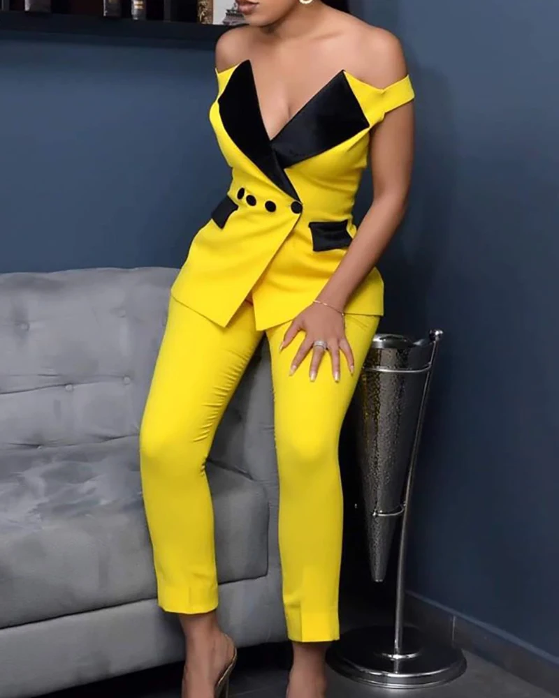 

2020 Women Fashion Colorblock Off Shoulder Notched Collar Buttoned Blazer & Pants Sets Elegant Off Shoulder Business Suits