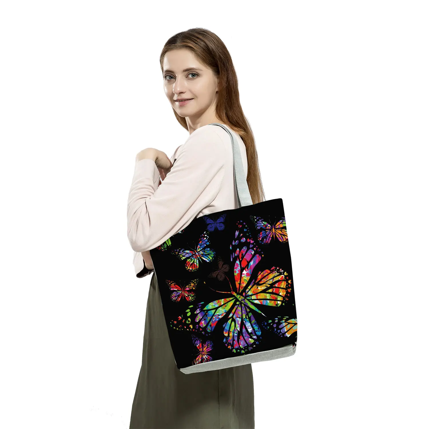 Butterfly Printed Cartoon Handbags Classic Floral High Capacity Foldable Shopping Bag Reusable Women Shoulder Bag Dropshipping