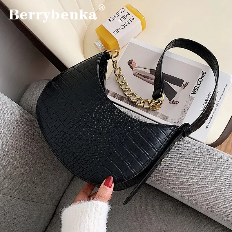 Berrybenka Travel Crossbody Shoulder Bag for Women 2020 Handbags and Purses Summer Crocodile Pattern PU Leather Saddle Bags | Багаж и