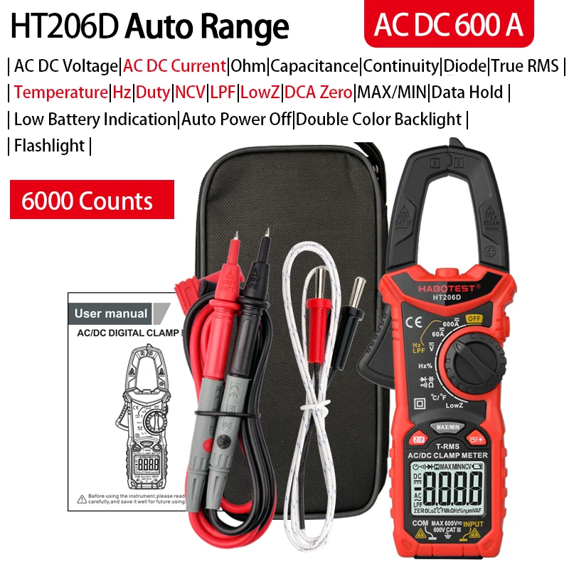 electronic tape measure HABOTEST HT206 Pliers Ammeter Amperometric Clamp Meter Professional Digital Multimeter Automotive Tester 600A AC DC Amp Meter noise level meter Measurement & Analysis Tools