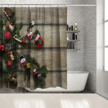 

Shower Curtain Pine Tree Branches Cones Socks Baubles Candy Canes Bells on Wooden Table Photo Red Beige Green