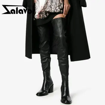 

ZALAVOR New Genuine Leather Loots With Square High Heels Zipper Over The Knee Boots Sexy Autmun Boots Women Shoes Size 31-45
