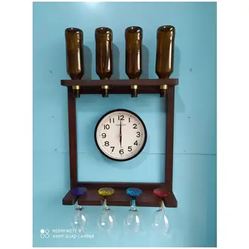 

Wooden red wine beer rack 4 bottle holder goblet holder Wall Clock