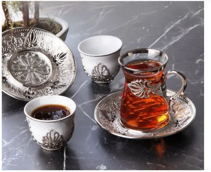 

WONDERFUL Handmade Authentic Gold Silver Anatolian Arabic Turkish Tea Cups And Saucers Set For Six People.