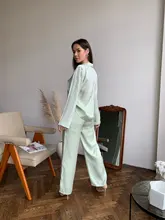 Shirt Leg-Pants Trousers Women Two-Pieces-Set OOTN Long-Sleeves Elegant Female Green