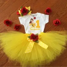 Изготовленный На Заказ комплект с юбкой-пачкой для девочек, Красавица и чудовище, с лентой, для дня рождения, комплект с футболкой на первый день рождения, платье принцессы Белль