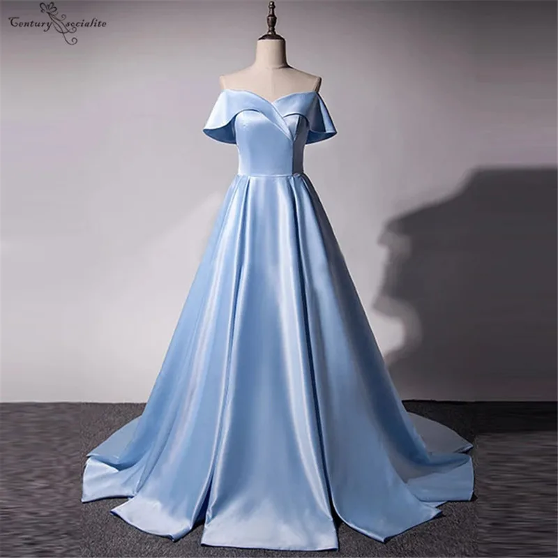 

Sky Blue Long Prom Dresses 2020 Satin Lace Up Sweep Train Off Shoulder Evening Dress Formal Gowns Plus Size Vestidos De Festa