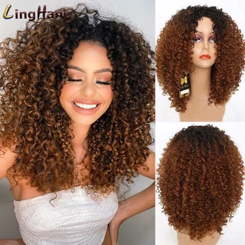 

LINGHANG 16inch Afro Kinky Curly Wig Synthetic Short Wig With Bangs Mixed Brown and Blonde Wig for Black Women