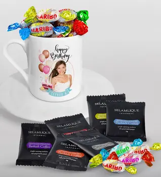 

Personalized Photo Birthday Turkish coffee Cup Selamlique Mixed Turkish Coffee House and Haribo Candy Gift Seti-5