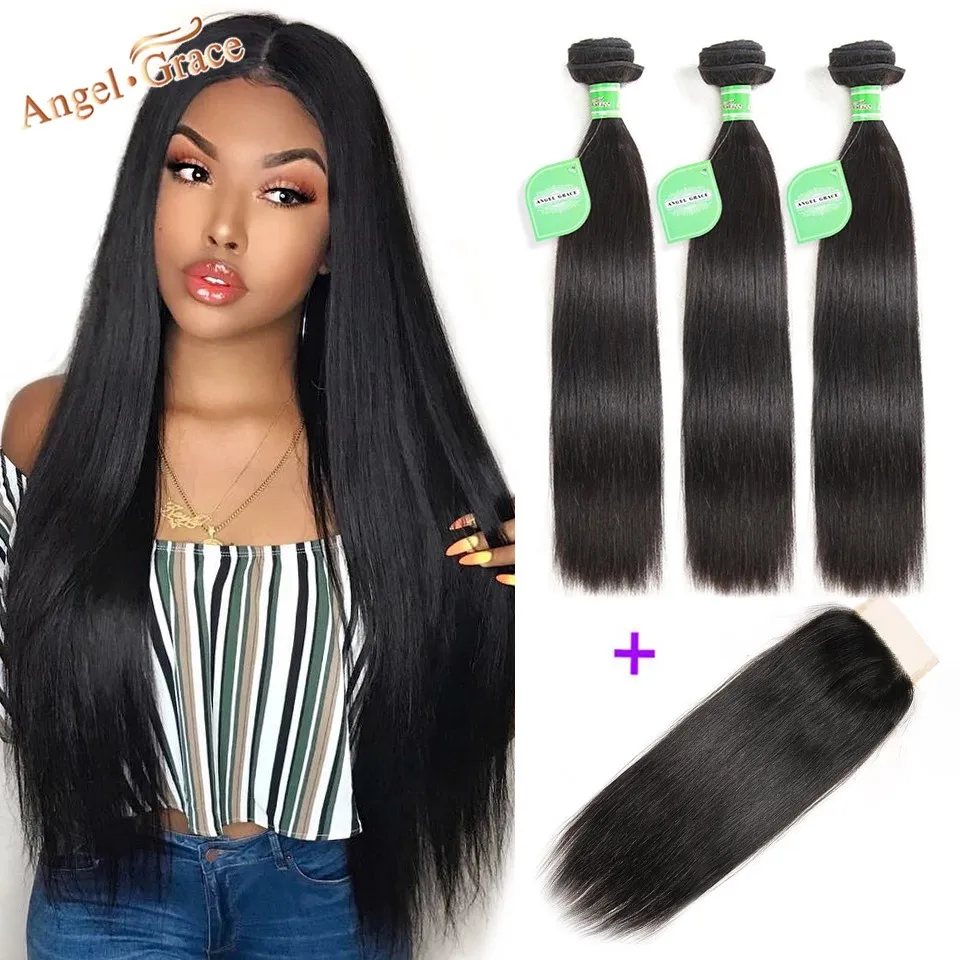 Ángel Grace nuevo 2020 pelo recto mechones con cierre cabello humano 3 mechones con HD cierre brasileño extensiones de pelo ondulado mechones Remy