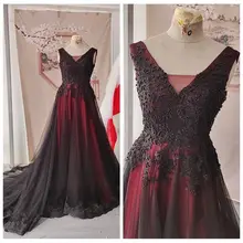 Prawdziwe zdjęcia czerwone i czarne suknie ślubne linia z aplikacjami zroszony Vintage inspirowane suknie ślubne kolorowe suknie ślubne tanie tanio SCALAVENDER Dekolt V-neck bez rękawów wykonana z tiulu Tren dworski CN (pochodzenie) Zwisające do podłogi Z wiązaniem