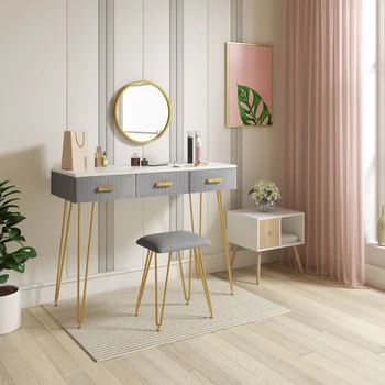 Comò moderno per ragazze/donne, tavolo da toeletta con sgabello, cassetti a specchio, tavolo cosmetico per camera da letto, tavolo da trucco rosa/grigio 1