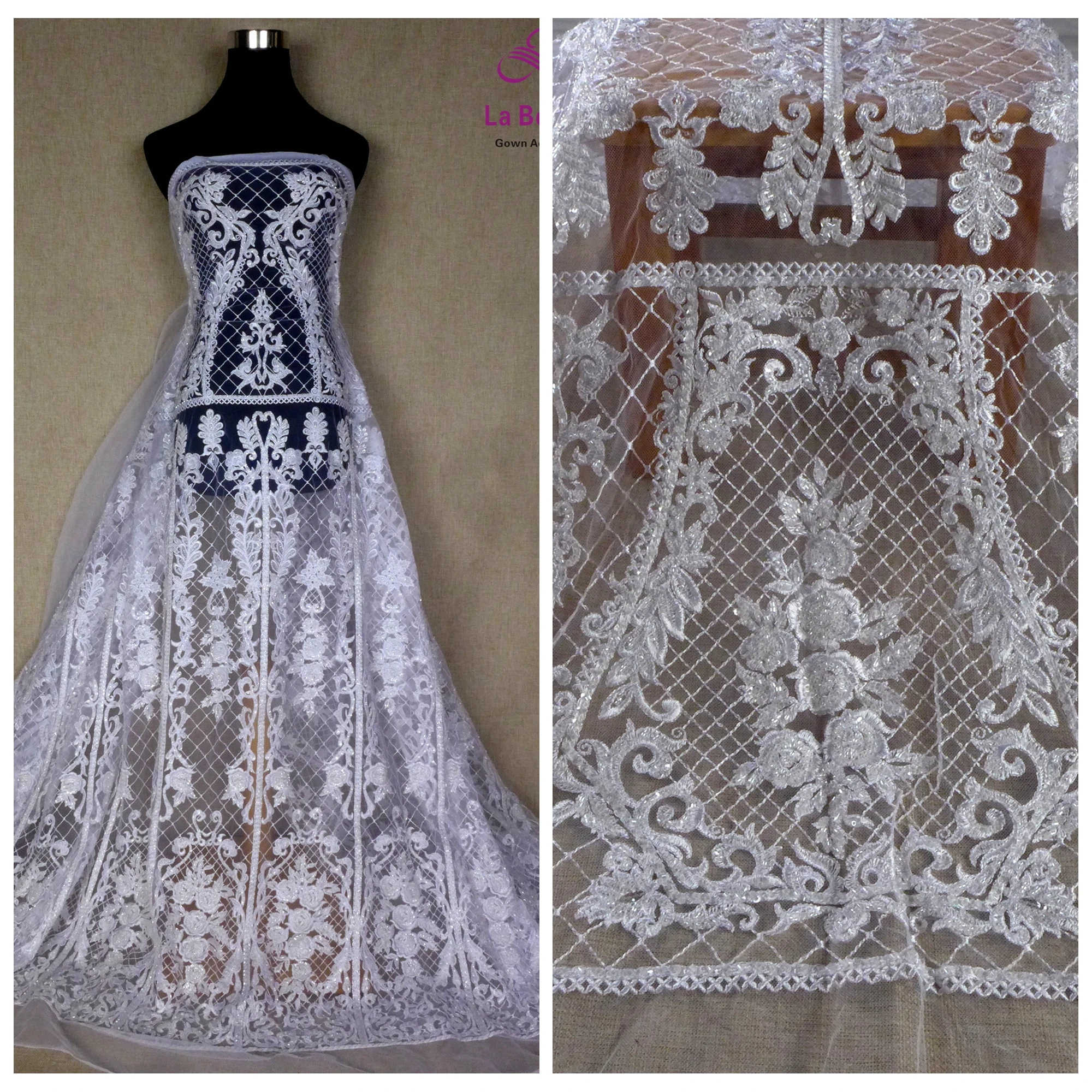 Scallop Fish Scale Luxurious Beading Lace Embroidery Fabric Lady Dress  Wedding Gown Material Sewing 91CM 1Yard