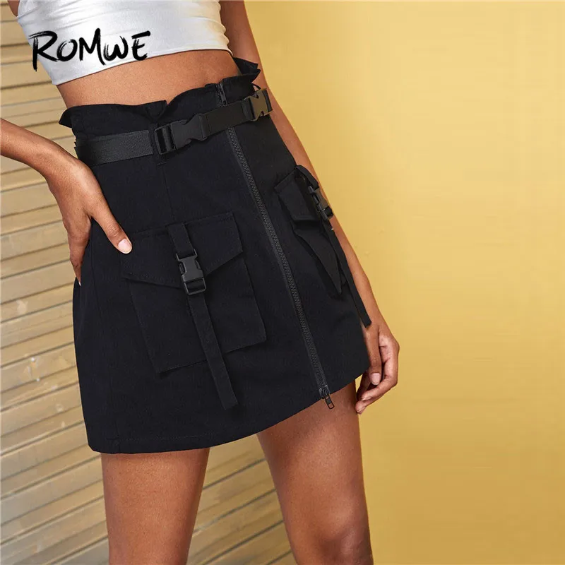 

ROMWE Dual Pocket Zip Front Black Skirt Women Bomber Mid Waist Summer Autumn Mini Skirt Streetwear Boylish ALine Short Skirt