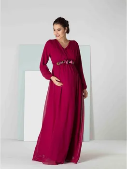 

Pregnant Peony Belt Long Sleeve Chiffon Dress