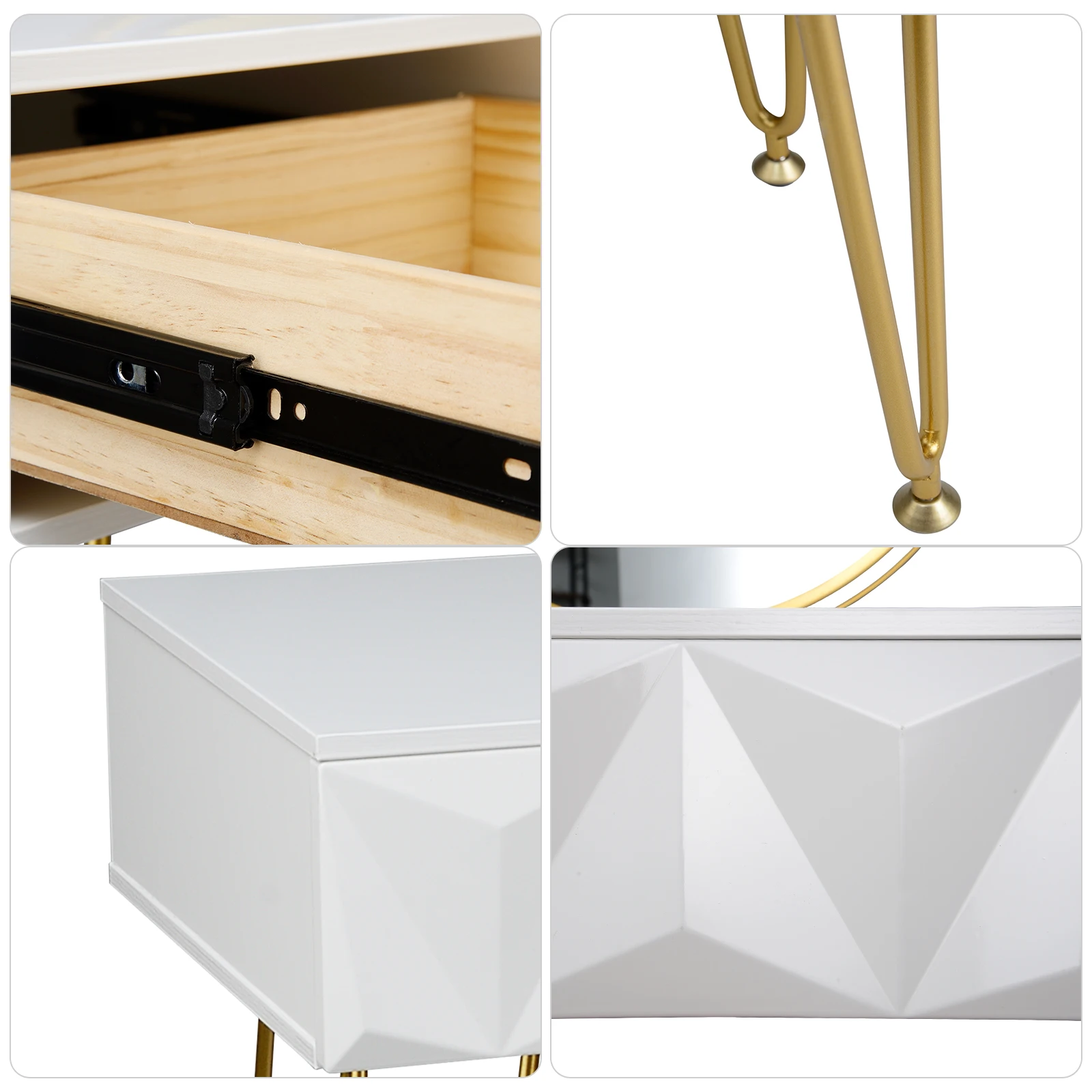 White Gold Dressing Table with 360 ° Swivel Mirror Velvet Stool Makeup Cosmetic Vanity Table with 3 Drawers 3D Effect Bedroom White Gold Dressing Table with 360 ° Swivel Mirror Velvet Stool Makeup Cosmetic Vanity Table with 3 Drawers 3D Effect Bedroom