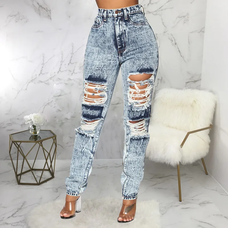 Jeans High Waist Denim Ripped Hole Women Jeans Elegant Streetwear Skinny Pencil Pants Female Slim Fit summer Jeans - Цвет: Stone White