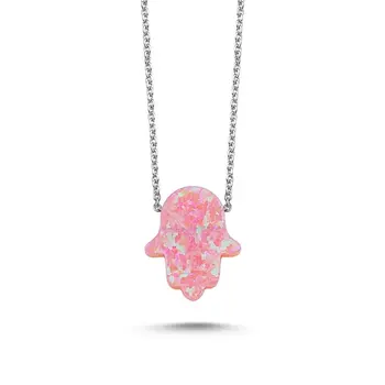 

Angemiel 925 Silver Pink Opal Fatma Master Hand Necklace