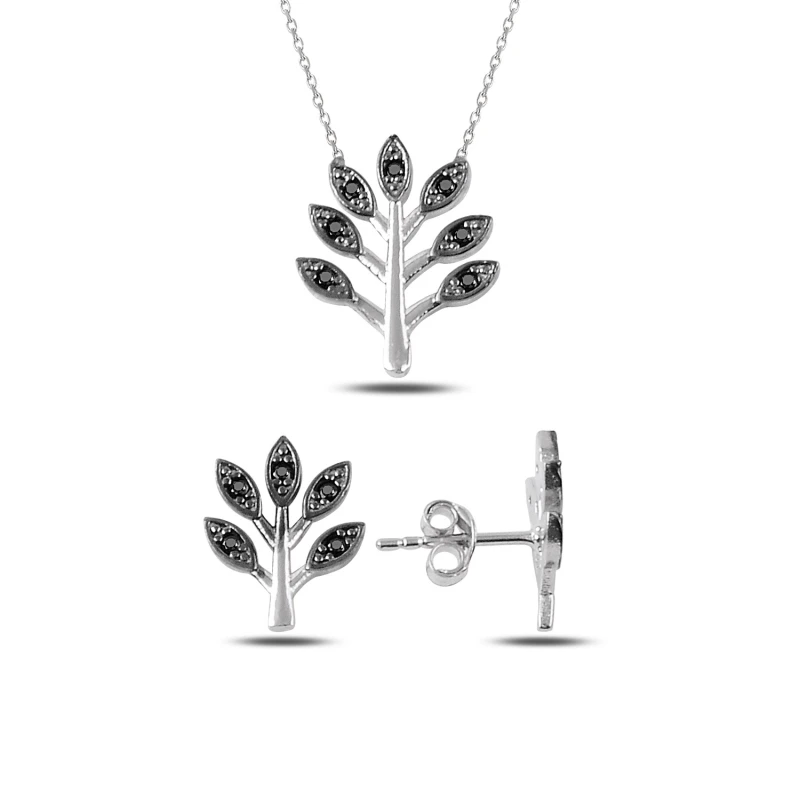 

Silver 925 Sterling Black Zircon Stone Leaf Set